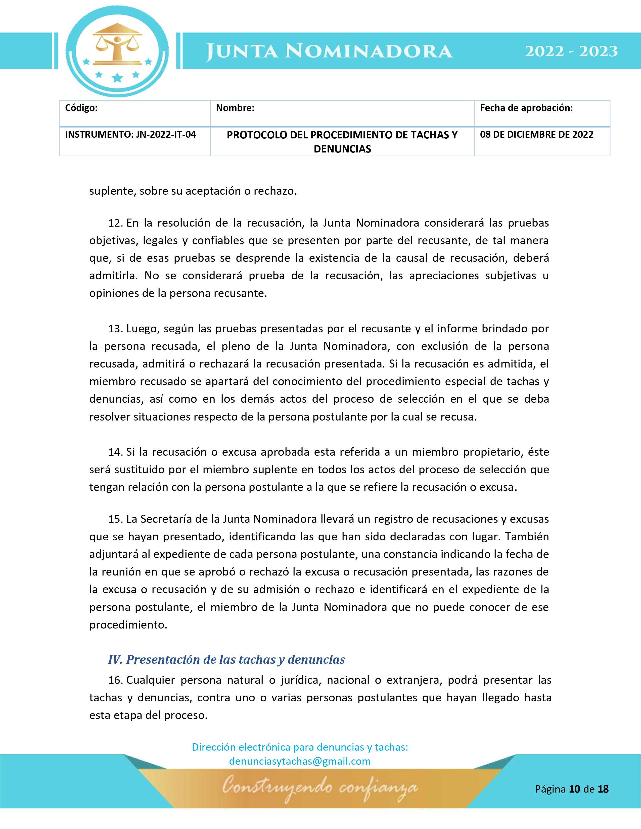 Protocolo para la etapa de tachas y denuncias